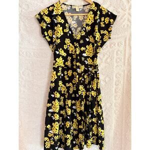 MICHAEL KORS Size XS Yellow Black Floral Stretch Dress A Line Comfy